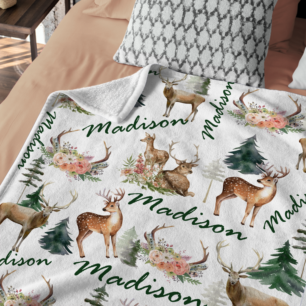 Personalized Baby Girl Deer Blankets, Customized Polyester Throw Blankets, 3 Sizes, White, Navy Blue