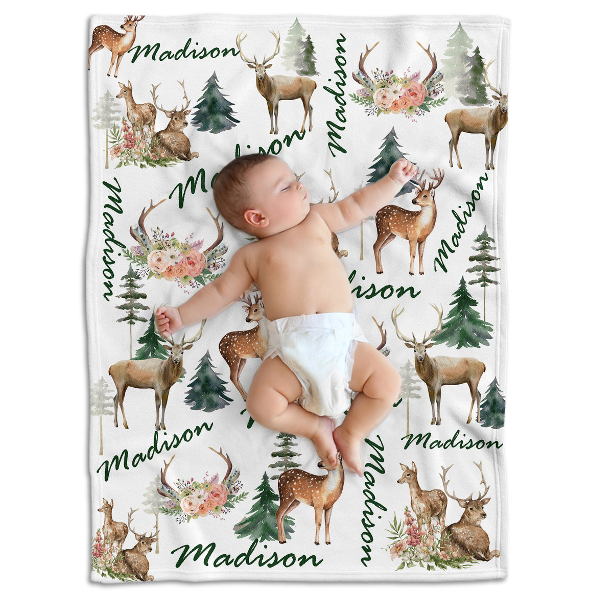 Personalized Baby Girl Deer Blankets, Customized Polyester Throw Blankets, 3 Sizes, White, Navy Blue
