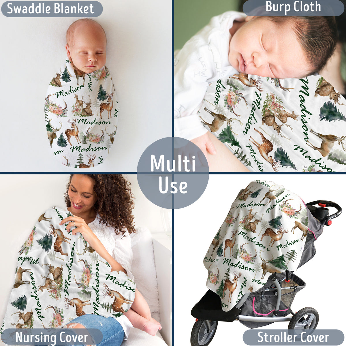 Personalized Baby Girl Deer Blankets, Customized Polyester Throw Blankets, 3 Sizes, White, Navy Blue