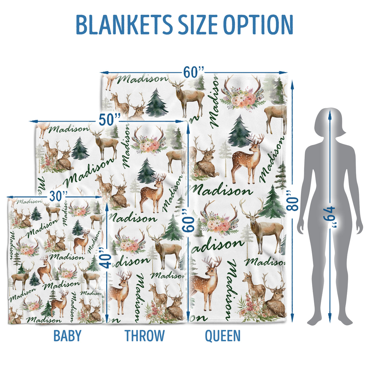 Personalized Baby Girl Deer Blankets, Customized Polyester Throw Blankets, 3 Sizes, White, Navy Blue