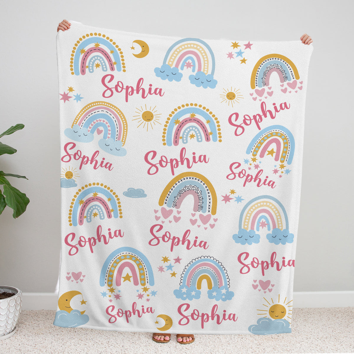 Personalized Baby Girl Rainbow Swaddle Blanket, Custom Name, 3 Sizes Plush Blankets for Daughter/Granddaughter Newborn Infant