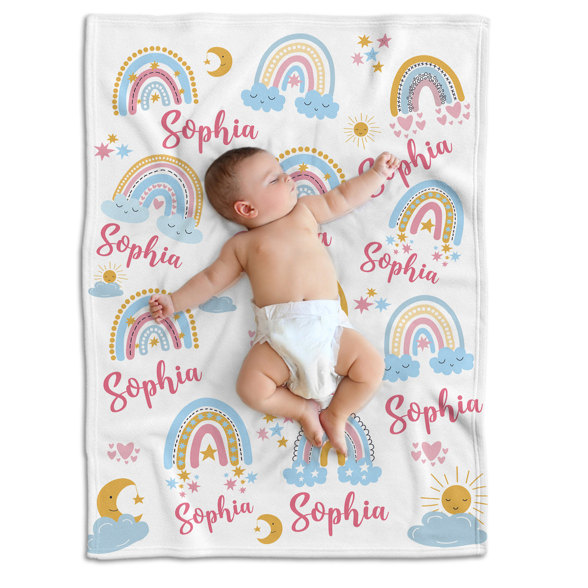 Personalized Baby Girl Rainbow Swaddle Blanket, Custom Name, 3 Sizes Plush Blankets for Daughter/Granddaughter Newborn Infant
