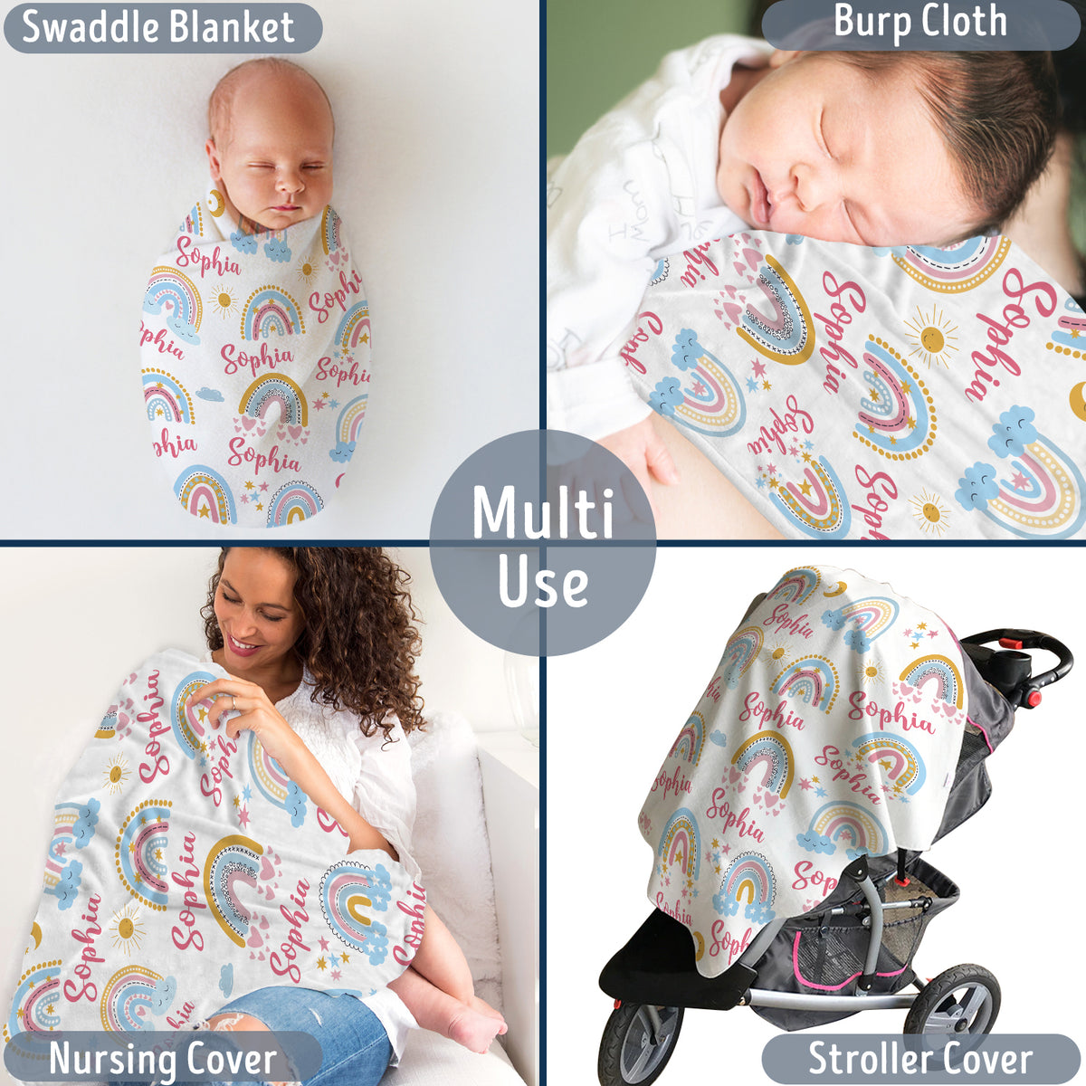 Personalized Baby Girl Rainbow Swaddle Blanket, Custom Name, 3 Sizes Plush Blankets for Daughter/Granddaughter Newborn Infant