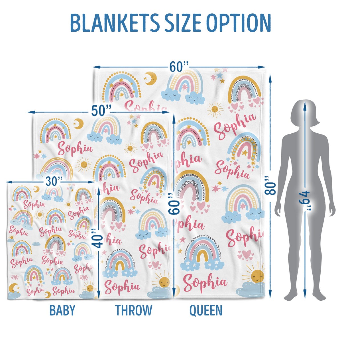 Personalized Baby Girl Rainbow Swaddle Blanket, Custom Name, 3 Sizes Plush Blankets for Daughter/Granddaughter Newborn Infant