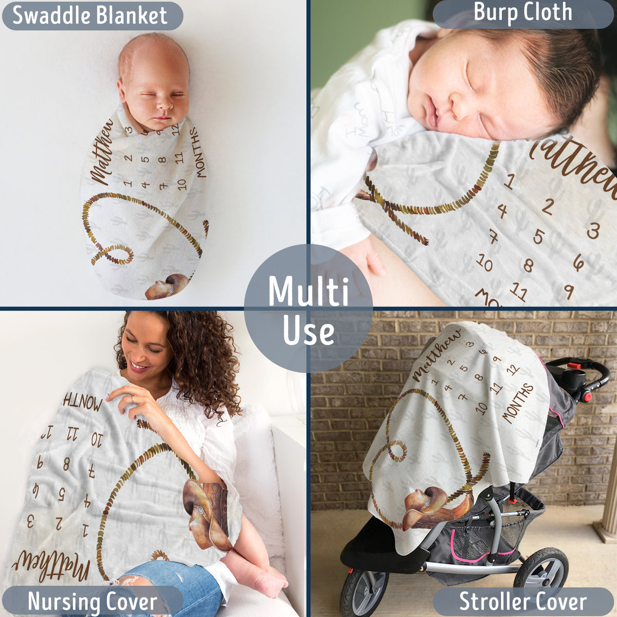 Personalized Baby Milestone Blankets with Name, Custom Monthly Milestone Blanket Cowboy, Newborn Growth Chart