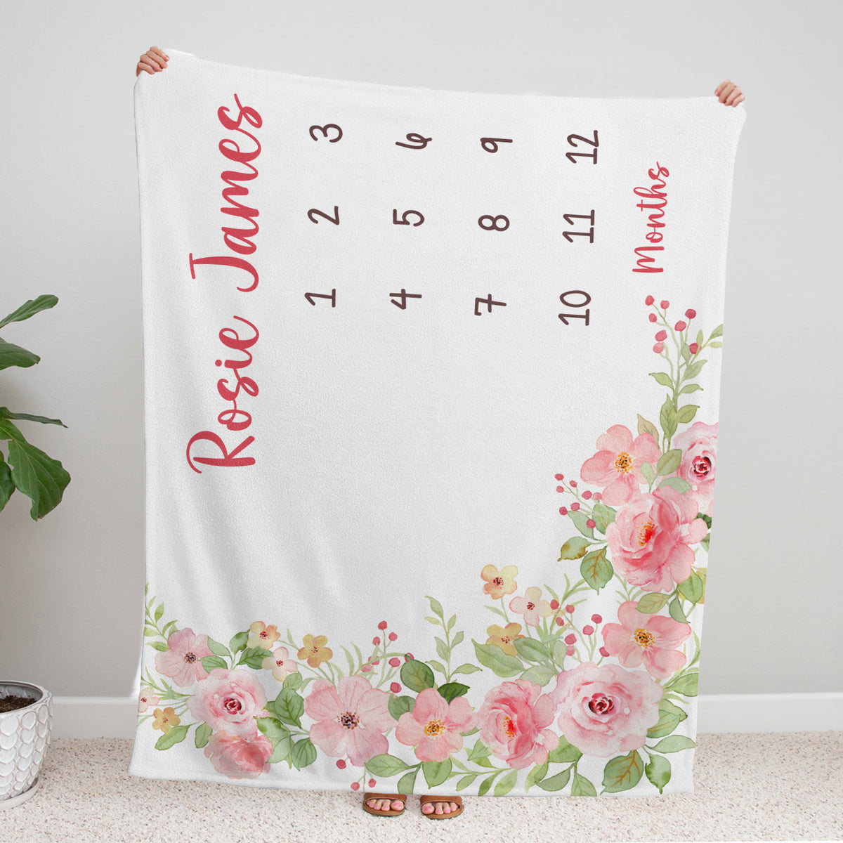 Personalized Baby Milestone Blankets with Name, Pink Flowers Baby Blanket, Floral Custom Monthly Milestone Blanket, Newborn Growth Chart Daughter