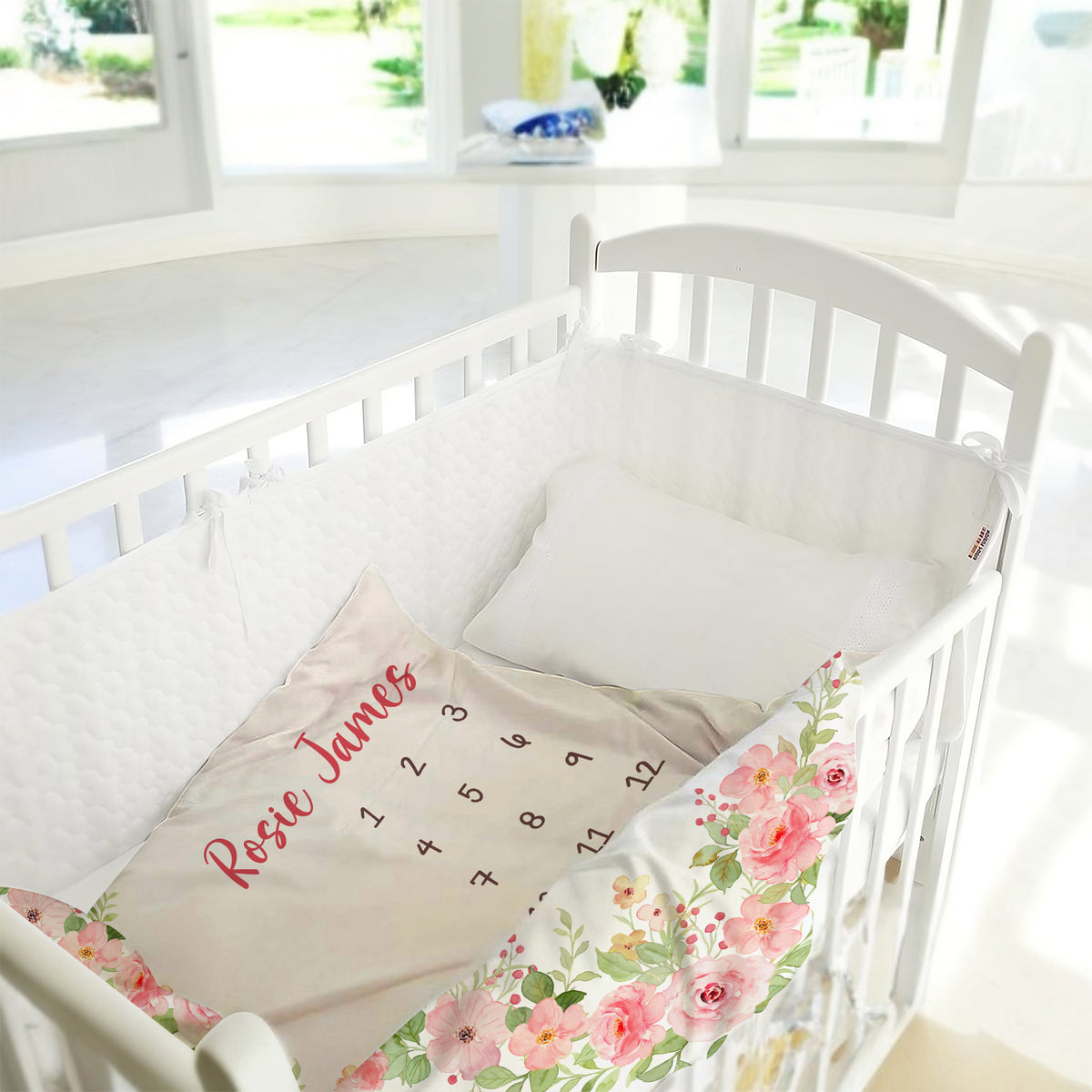 Personalized Baby Milestone Blankets with Name, Pink Flowers Baby Blanket, Floral Custom Monthly Milestone Blanket, Newborn Growth Chart Daughter