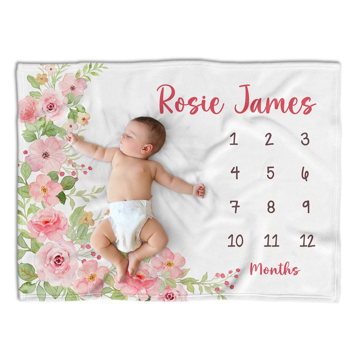 Personalized Baby Milestone Blankets with Name, Pink Flowers Baby Blanket, Floral Custom Monthly Milestone Blanket, Newborn Growth Chart Daughter