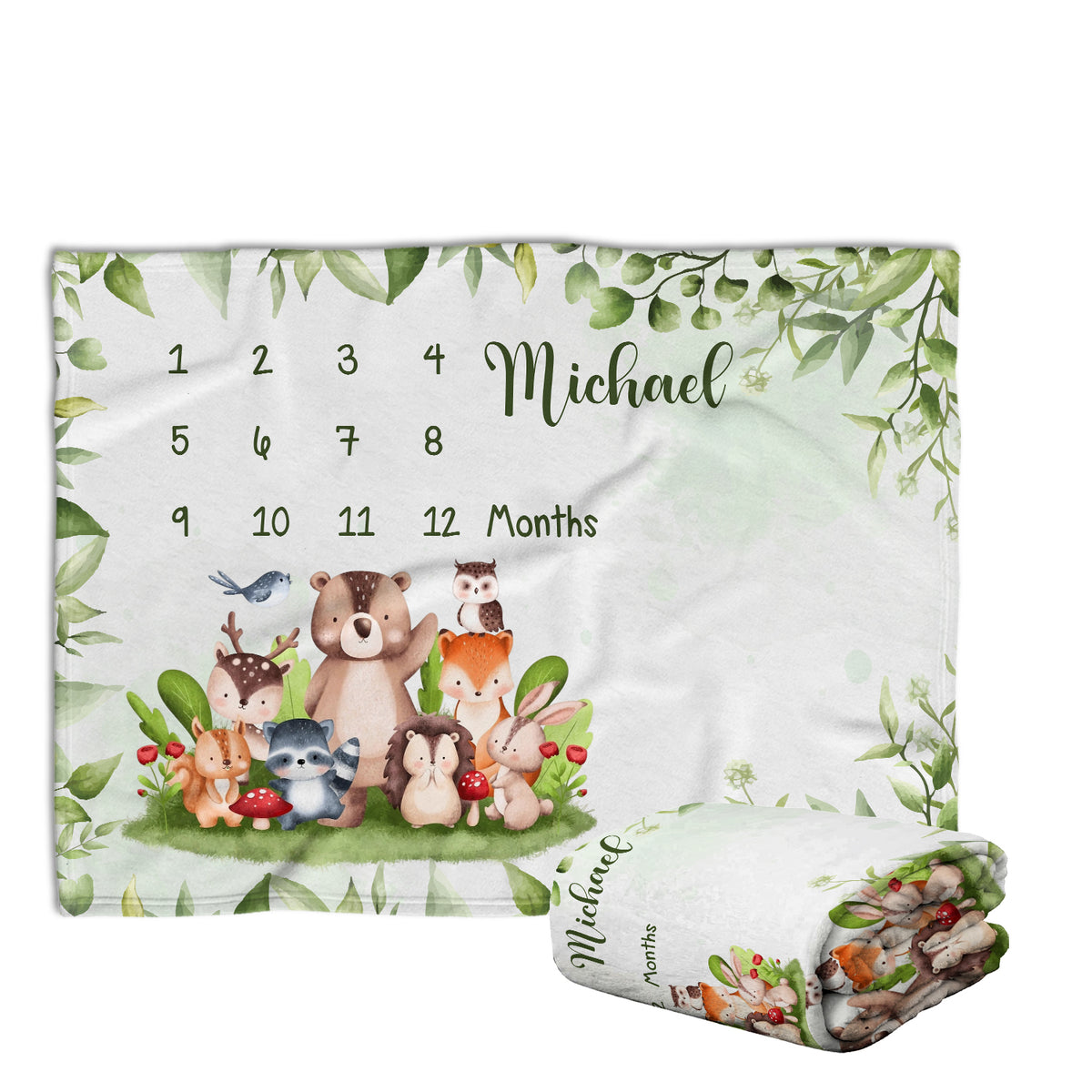 Personalized Baby Milestone Blankets with Name for Baby Boy Girl, Custom Monthly Milestone Blanket Woodland, Baby Photography Backdrop Prop Blanket, Newborn Growth Chart