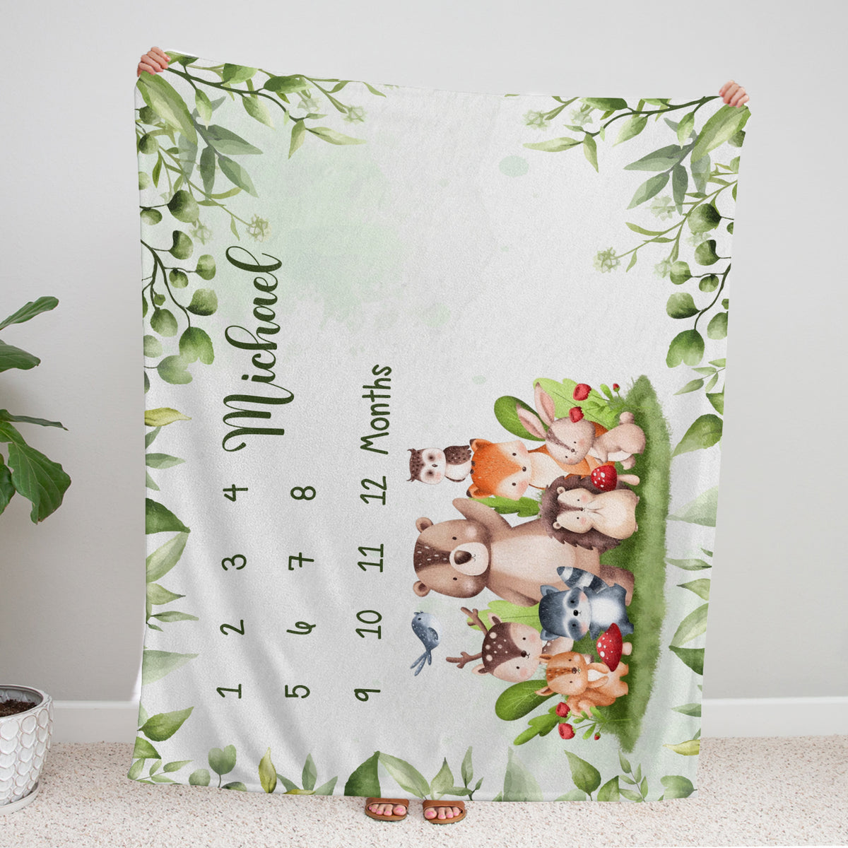Personalized Baby Milestone Blankets with Name for Baby Boy Girl, Custom Monthly Milestone Blanket Woodland, Baby Photography Backdrop Prop Blanket, Newborn Growth Chart