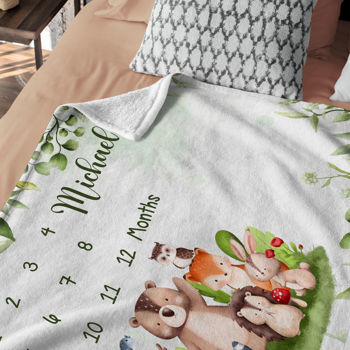 Personalized Baby Milestone Blankets with Name for Baby Boy Girl, Custom Monthly Milestone Blanket Woodland, Baby Photography Backdrop Prop Blanket, Newborn Growth Chart