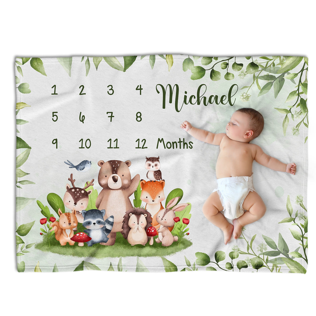 Personalized Baby Milestone Blankets with Name for Baby Boy Girl, Custom Monthly Milestone Blanket Woodland, Baby Photography Backdrop Prop Blanket, Newborn Growth Chart
