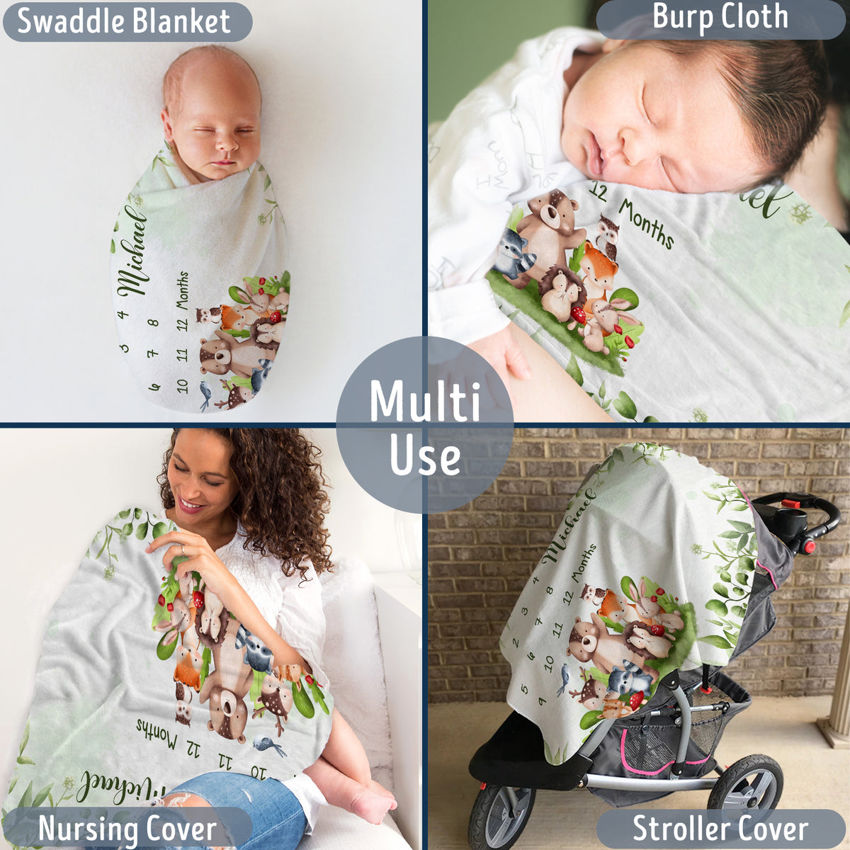 Personalized Baby Milestone Blankets with Name for Baby Boy Girl, Custom Monthly Milestone Blanket Woodland, Baby Photography Backdrop Prop Blanket, Newborn Growth Chart
