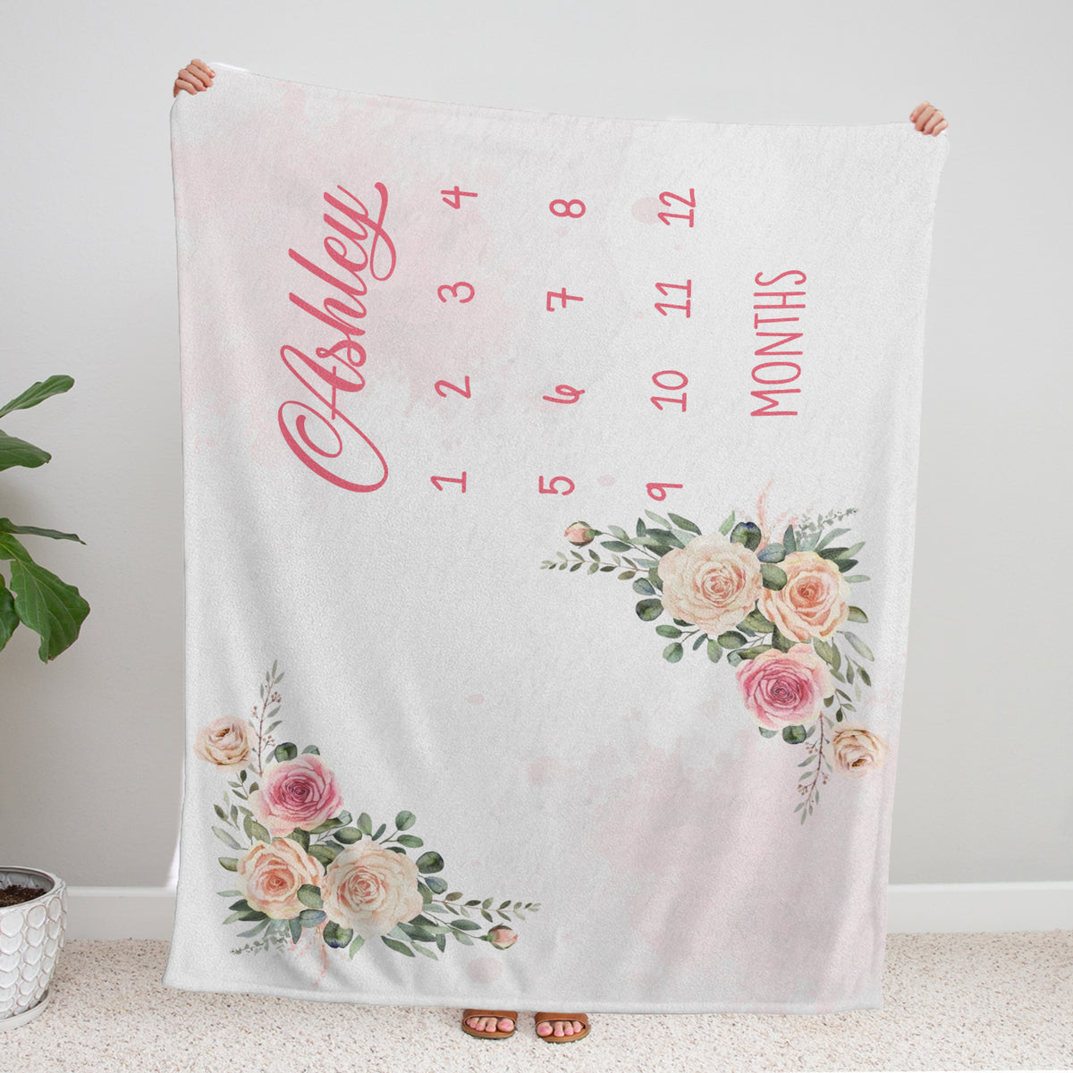 Personalized Baby Milestone Blankets with Name for Baby Girl, Pink Flowers Custom Monthly Milestone Blanket, Baby Photography Backdrop Prop Blanket, Newborn Growth Chart Daughter