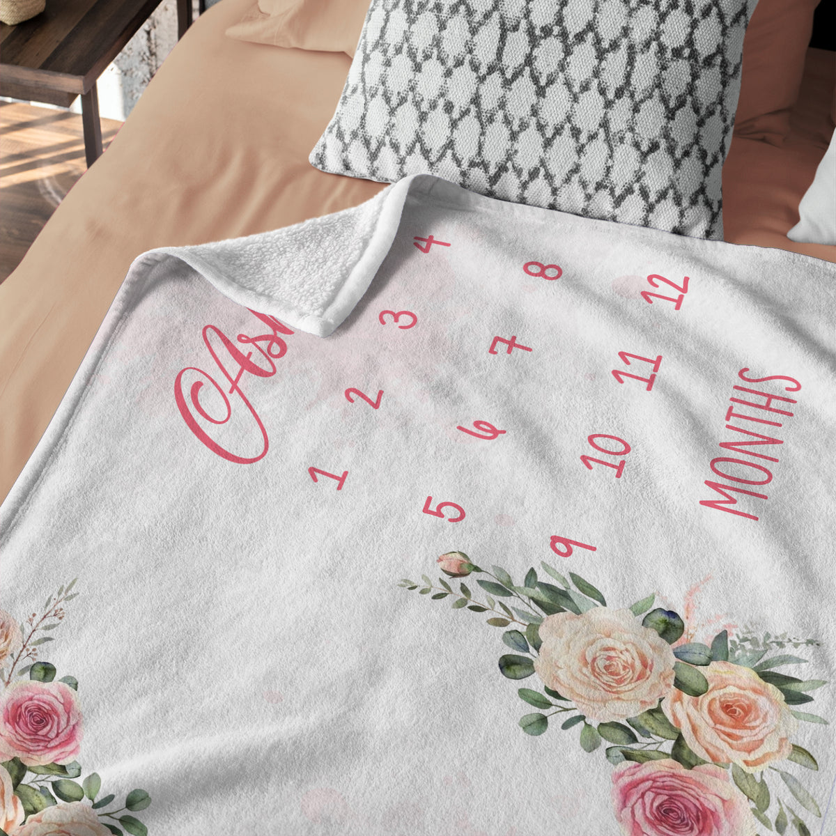 Personalized Baby Milestone Blankets with Name for Baby Girl, Pink Flowers Custom Monthly Milestone Blanket, Baby Photography Backdrop Prop Blanket, Newborn Growth Chart Daughter
