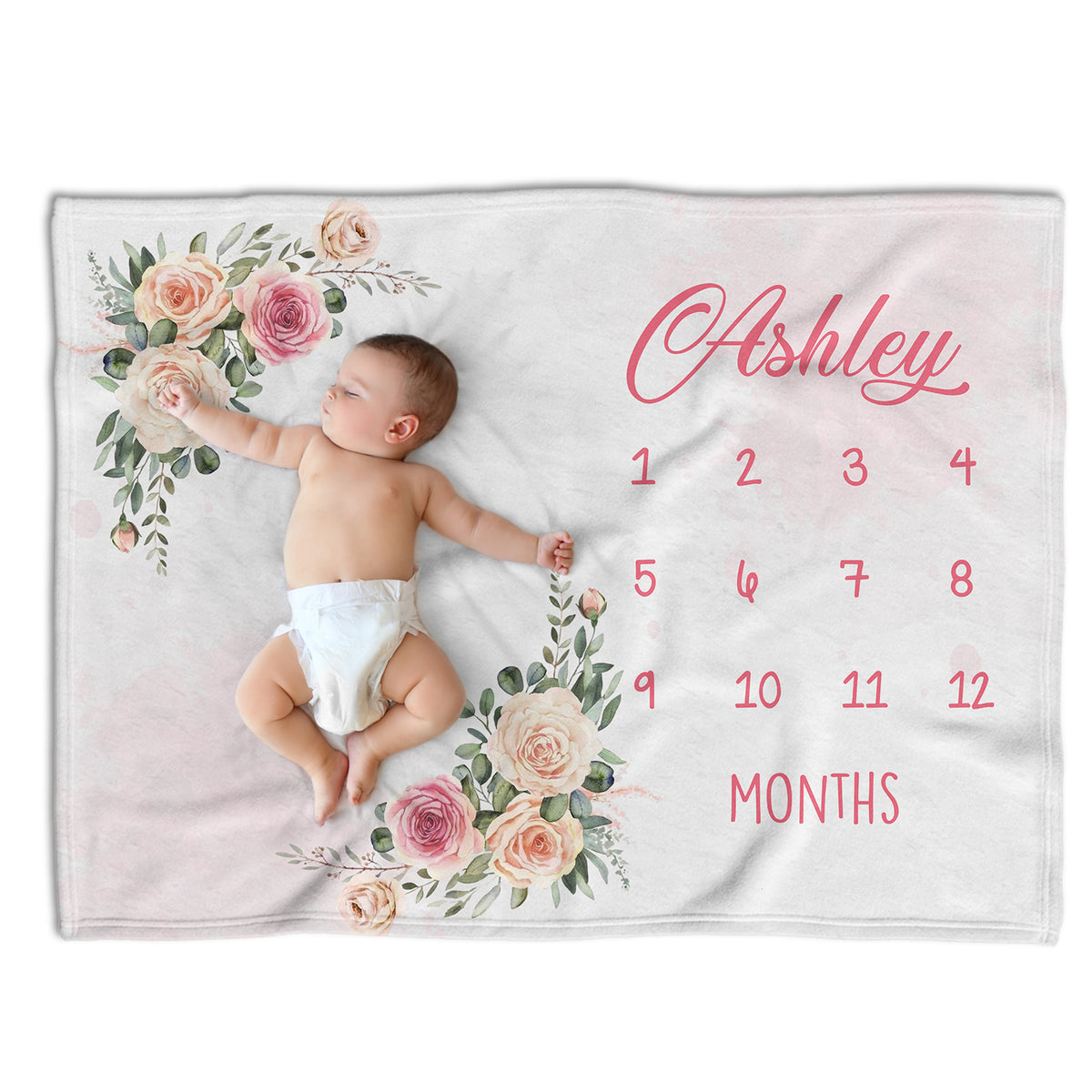 Personalized Baby Milestone Blankets with Name for Baby Girl, Pink Flowers Custom Monthly Milestone Blanket, Baby Photography Backdrop Prop Blanket, Newborn Growth Chart Daughter