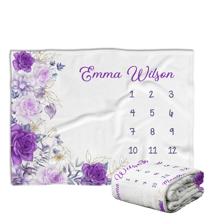 Personalized Baby Milestone Blankets with Name for Baby Girl, Rose Baby Blanket, Purple Flowers Custom Monthly Milestone Blanket, Newborn Growth Chart Daughter