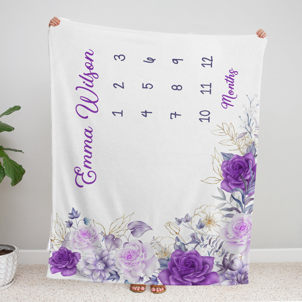 Personalized Baby Milestone Blankets with Name for Baby Girl, Rose Baby Blanket, Purple Flowers Custom Monthly Milestone Blanket, Newborn Growth Chart Daughter