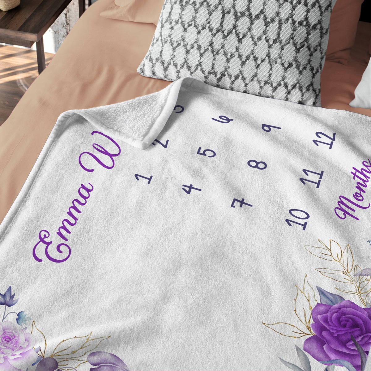 Personalized Baby Milestone Blankets with Name for Baby Girl, Rose Baby Blanket, Purple Flowers Custom Monthly Milestone Blanket, Newborn Growth Chart Daughter