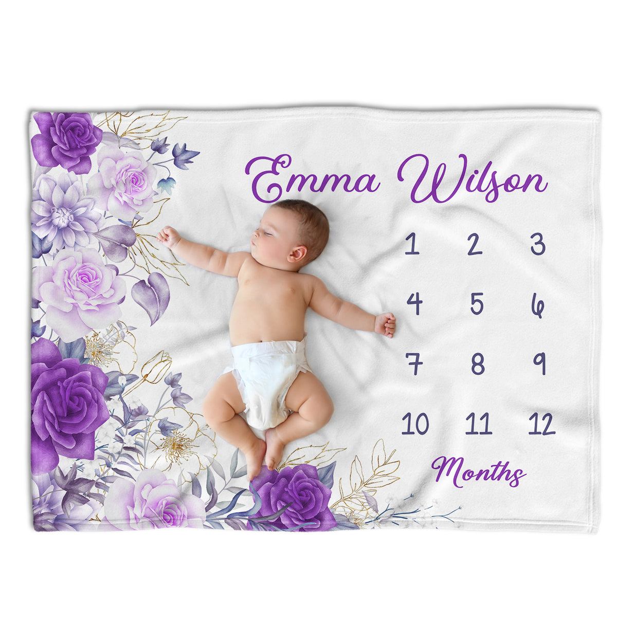Personalized Baby Milestone Blankets with Name for Baby Girl, Rose Baby Blanket, Purple Flowers Custom Monthly Milestone Blanket, Newborn Growth Chart Daughter