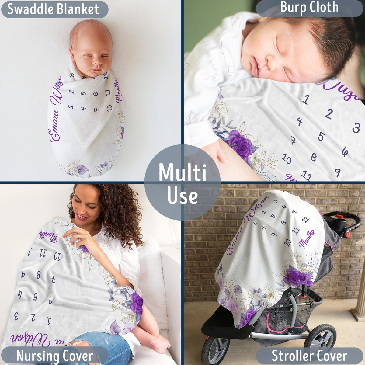 Personalized Baby Milestone Blankets with Name for Baby Girl, Rose Baby Blanket, Purple Flowers Custom Monthly Milestone Blanket, Newborn Growth Chart Daughter
