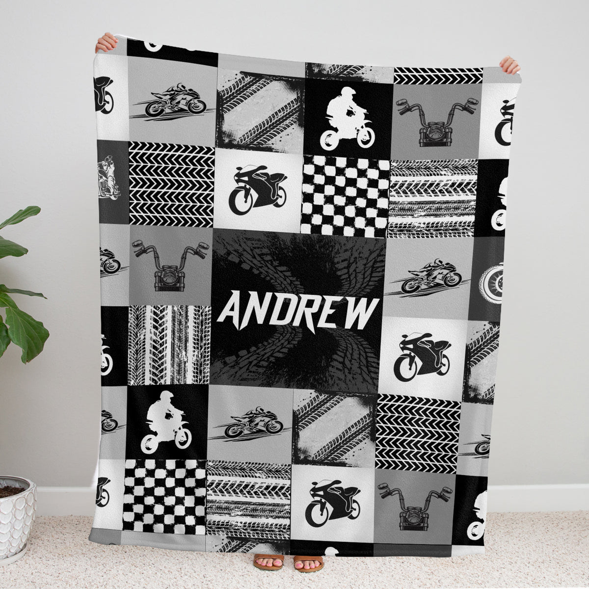 Personalized Baby Motorcycling Blanket for Boys, Custom Name Black Swaddle Blanketfor Baby Girl Son Newborn Toddlers Kids