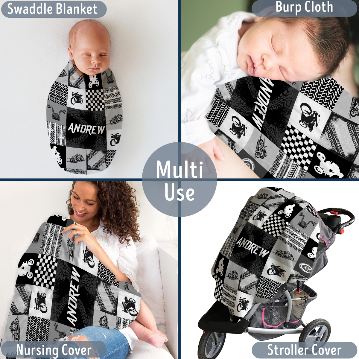 Personalized Baby Motorcycling Blanket for Boys, Custom Name Black Swaddle Blanketfor Baby Girl Son Newborn Toddlers Kids
