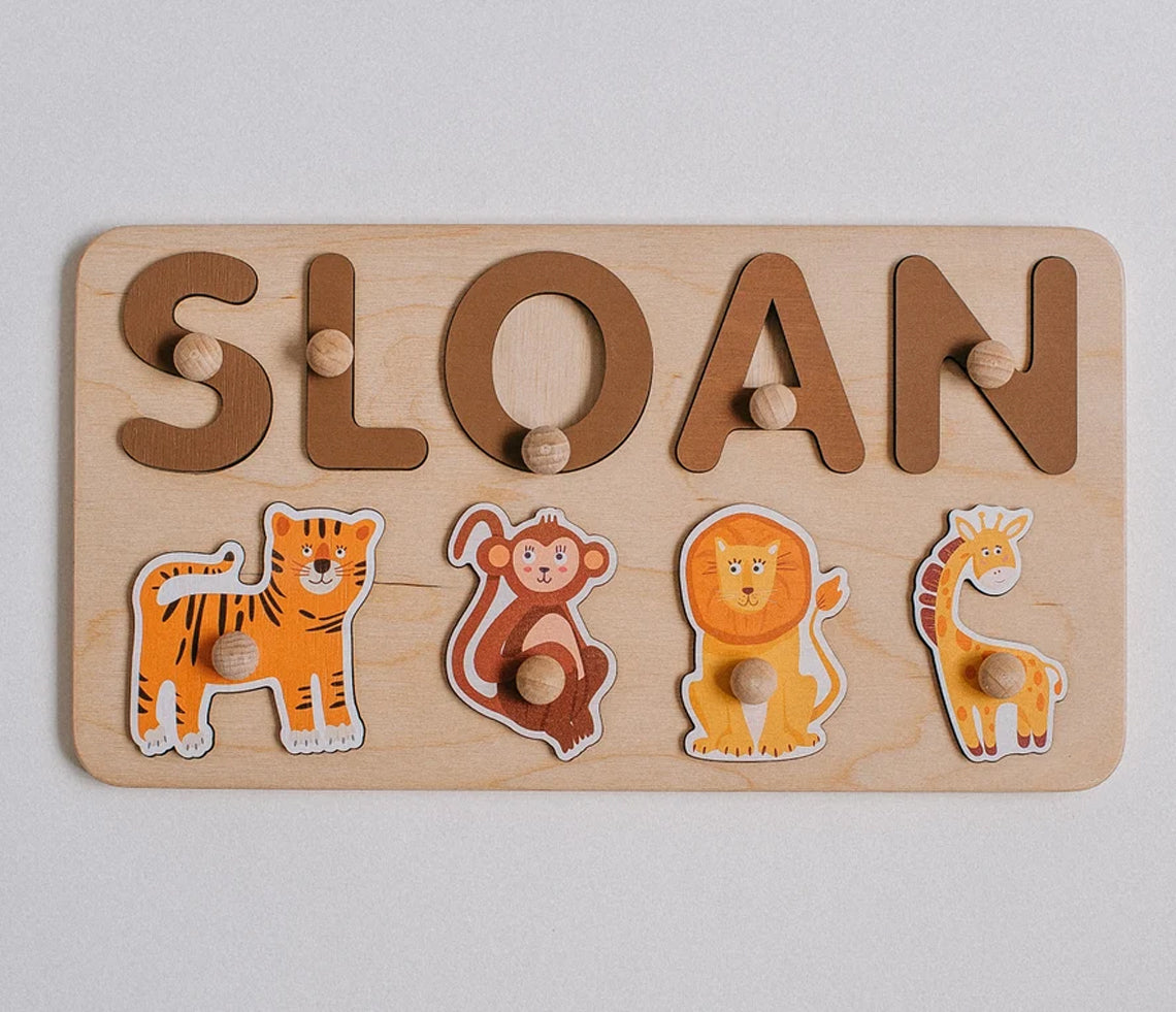 Personalized Baby Name Puzzle Safari Theme Puzzle First Birthday Gift for Baby Wooden Natural Developing Toy Lion Tiger Elephant Puzzle