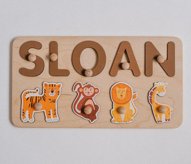 Personalized Baby Name Puzzle Safari Theme Puzzle First Birthday Gift for Baby Wooden Natural Developing Toy Lion Tiger Elephant Puzzle