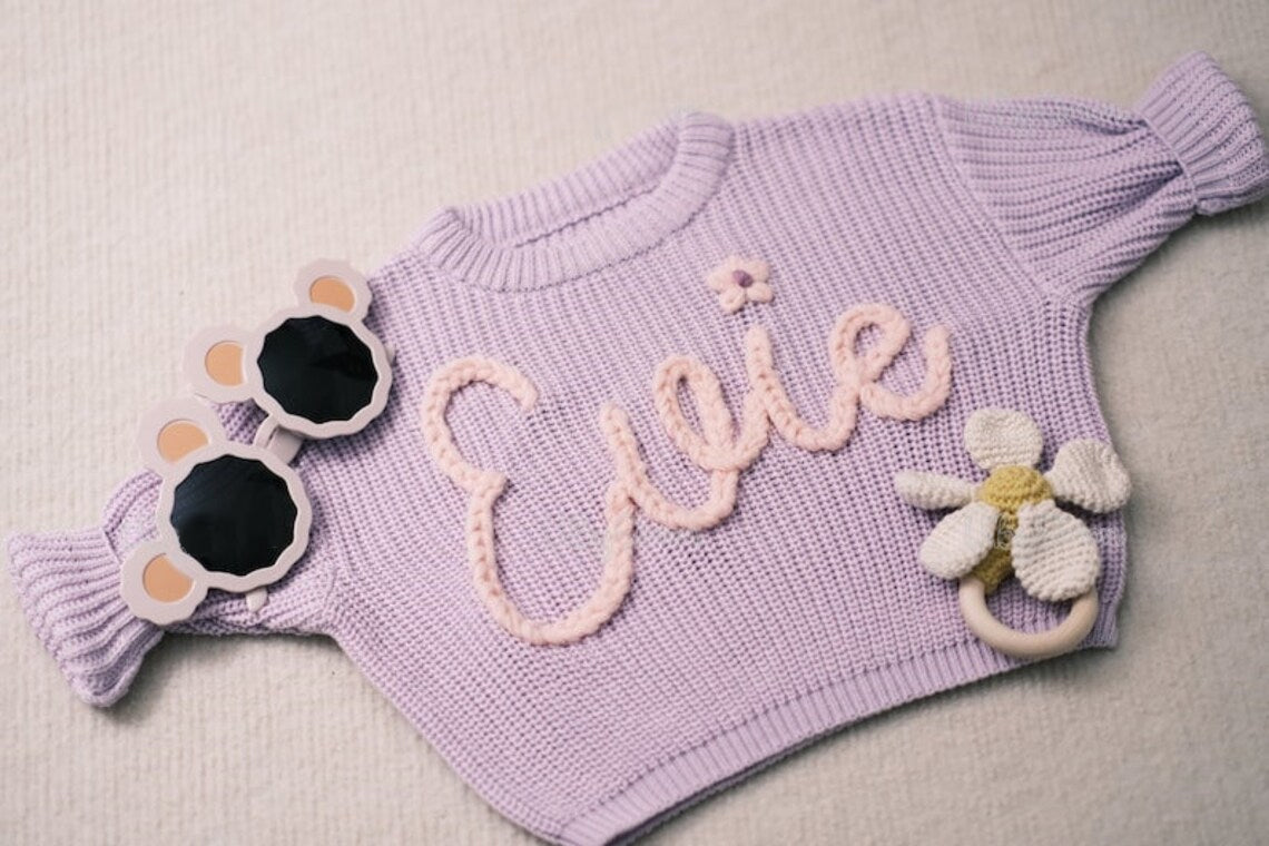 Personalized Baby Sweater with Hand-Embroidered Name & Monogram - A Special Gift for Baby Girl
