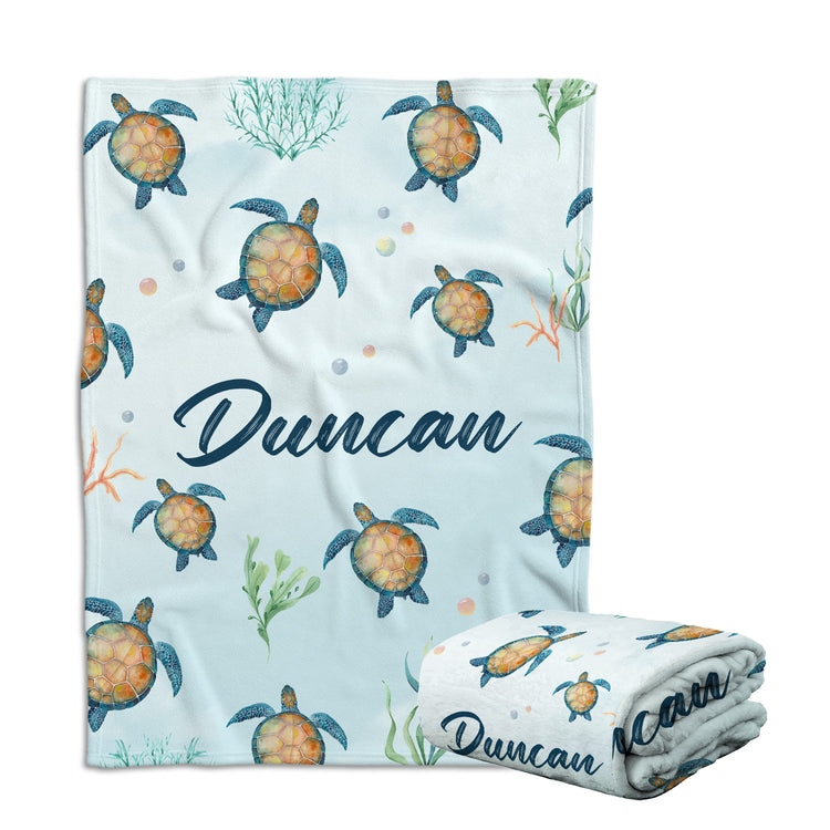 Personalized Baby Turtle Blankets for Boys, Custom Baby Blankets Name, Sea Turtle Swaddle Blanket, 3 Sizes Plush Blankets for Newborn