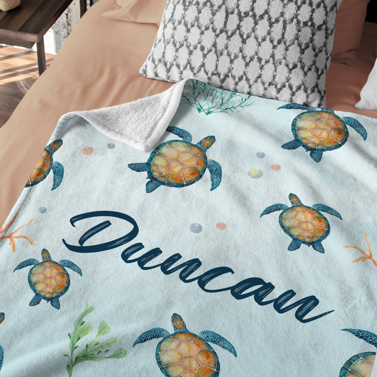 Personalized Baby Turtle Blankets for Boys, Custom Baby Blankets Name, Sea Turtle Swaddle Blanket, 3 Sizes Plush Blankets for Newborn