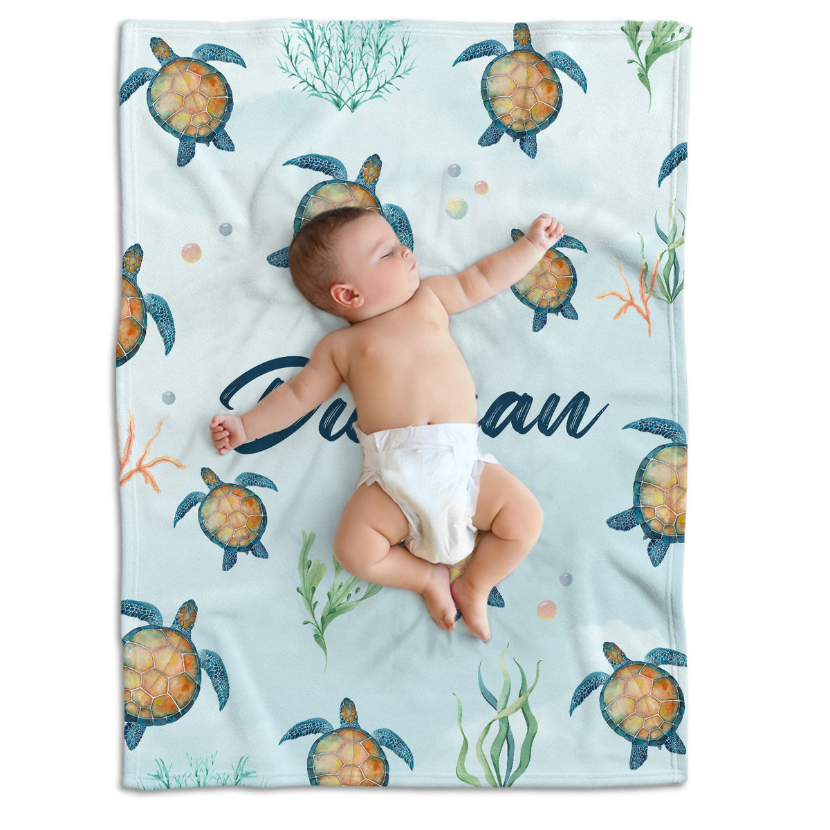 Personalized Baby Turtle Blankets for Boys, Custom Baby Blankets Name, Sea Turtle Swaddle Blanket, 3 Sizes Plush Blankets for Newborn