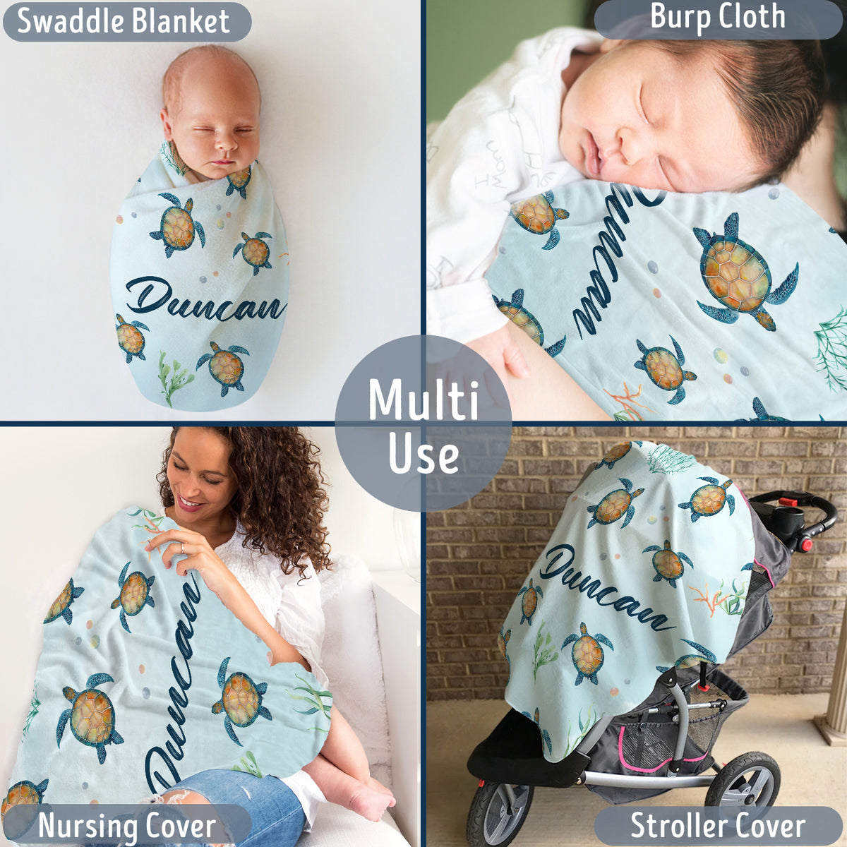 Personalized Baby Turtle Blankets for Boys, Custom Baby Blankets Name, Sea Turtle Swaddle Blanket, 3 Sizes Plush Blankets for Newborn