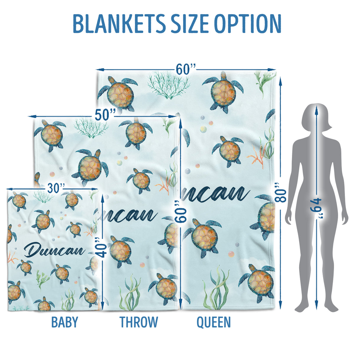 Personalized Baby Turtle Blankets for Boys, Custom Baby Blankets Name, Sea Turtle Swaddle Blanket, 3 Sizes Plush Blankets for Newborn