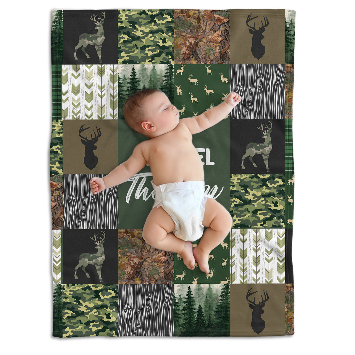 Personalized Baby Woodland Blanket for Boys - Custom Name Baby Deer Swaddle - 3 Sizes Plush Blankets for Newborn Infant Son