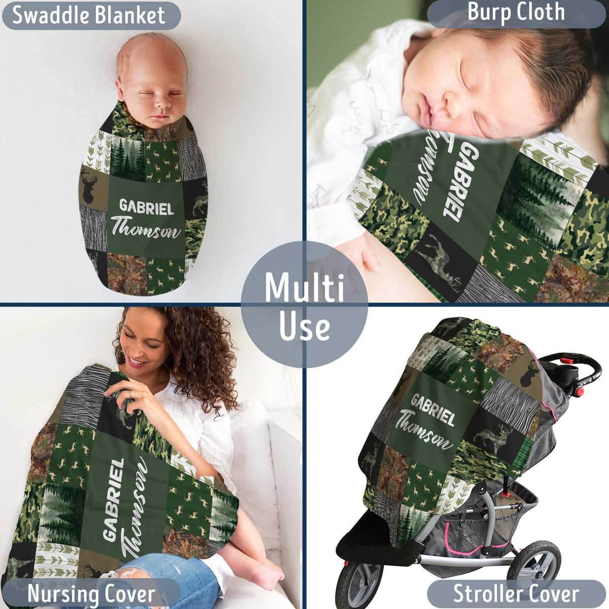 Personalized Baby Woodland Blanket for Boys - Custom Name Baby Deer Swaddle - 3 Sizes Plush Blankets for Newborn Infant Son