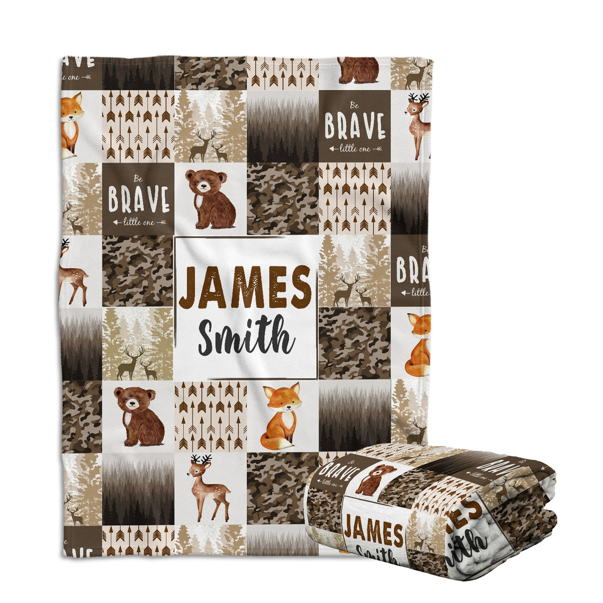 Personalized Baby Woodland Blanket for Boys - Custom Name Brown Swaddle, 3 Sizes Plush for Newborn Son