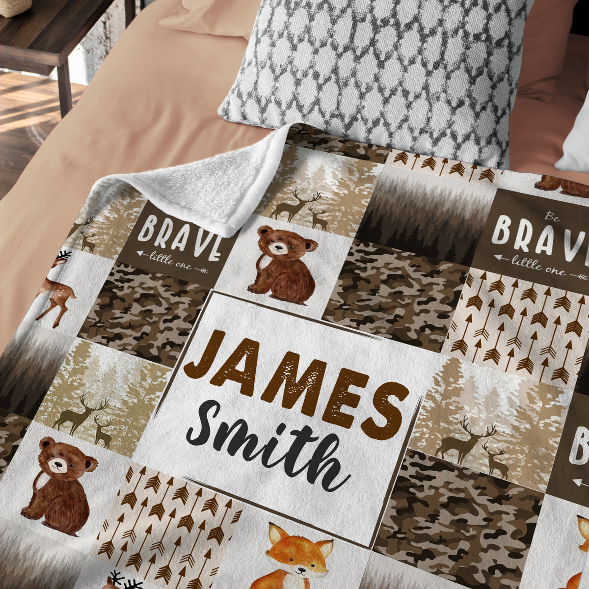 Personalized Baby Woodland Blanket for Boys - Custom Name Brown Swaddle, 3 Sizes Plush for Newborn Son