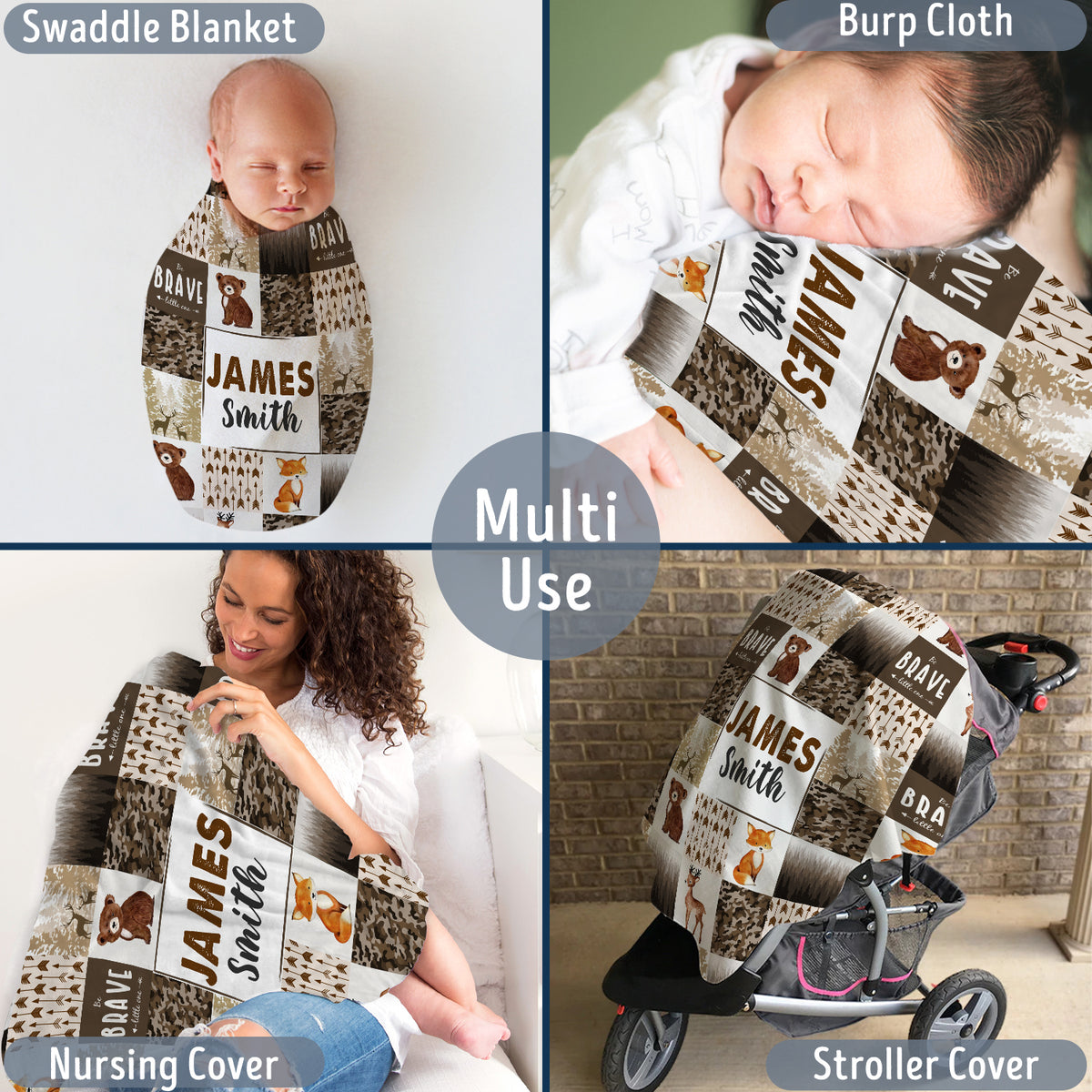 Personalized Baby Woodland Blanket for Boys - Custom Name Brown Swaddle, 3 Sizes Plush for Newborn Son