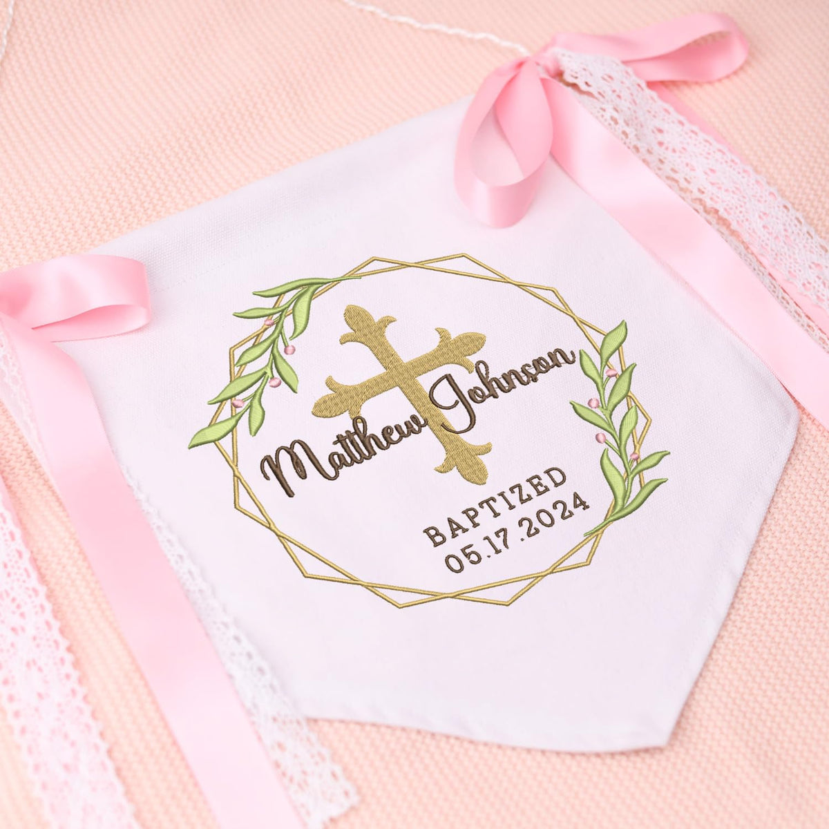 Personalized Baptism Banner with Embroidered Cross, Baby Crib Canvas Hanging Pennant Flag, Newborn Baby Banner with Bows Ribbon, Great gift for baby