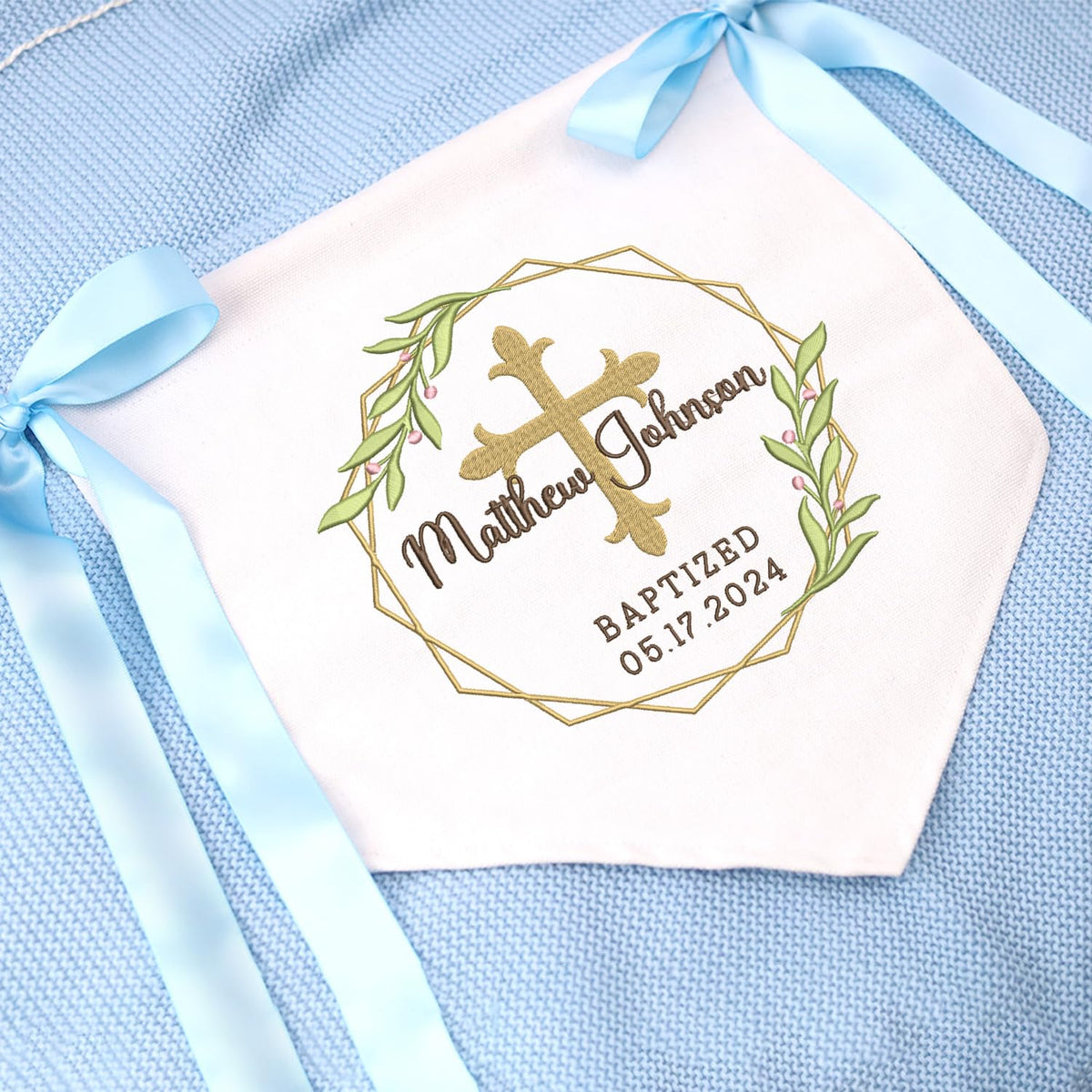 Personalized Baptism Banner with Embroidered Cross, Baby Crib Canvas Hanging Pennant Flag, Newborn Baby Banner with Bows Ribbon, Great gift for baby