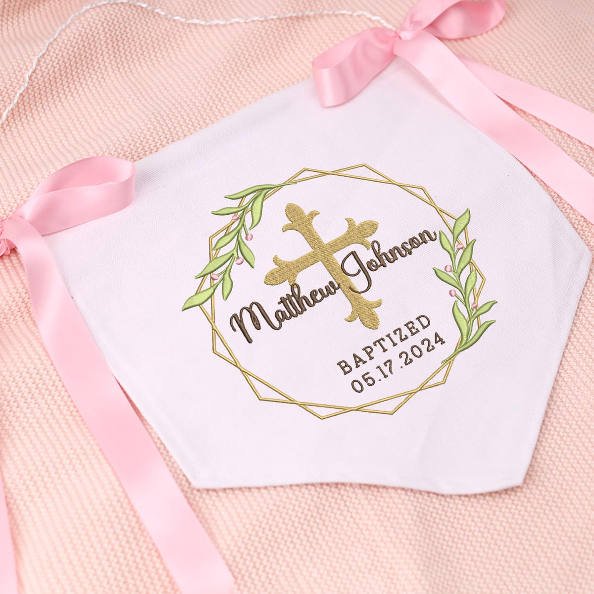 Personalized Baptism Banner with Embroidered Cross, Baby Crib Canvas Hanging Pennant Flag, Newborn Baby Banner with Bows Ribbon, Great gift for baby