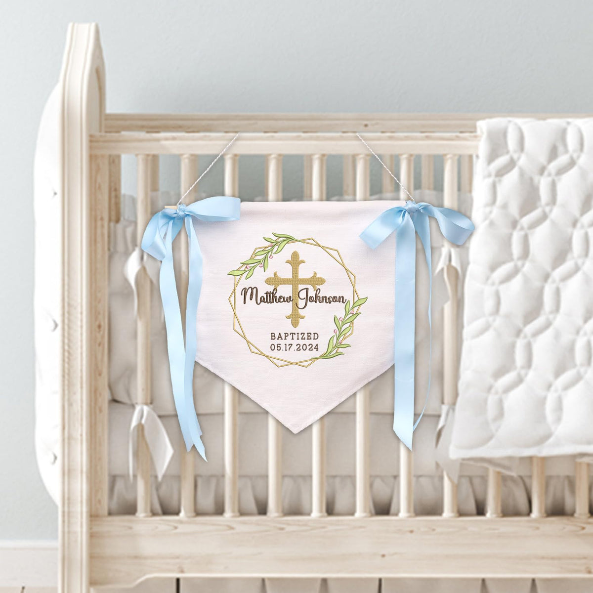 Personalized Baptism Banner with Embroidered Cross, Baby Crib Canvas Hanging Pennant Flag, Newborn Baby Banner with Bows Ribbon, Great gift for baby