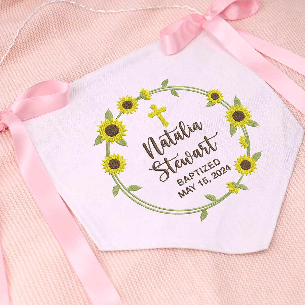 Personalized Baptism Banner with Embroidered Cross, Newborn Baby Banner with Bows Ribbon, Baby Crib Canvas Hanging Pennant Flag, Gift For Baby