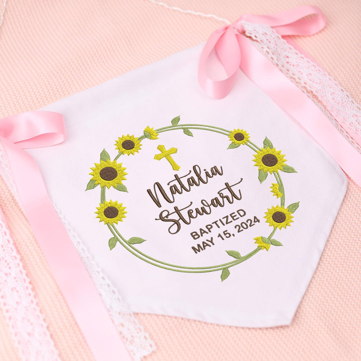 Personalized Baptism Banner with Embroidered Cross, Newborn Baby Banner with Bows Ribbon, Baby Crib Canvas Hanging Pennant Flag, Gift For Baby