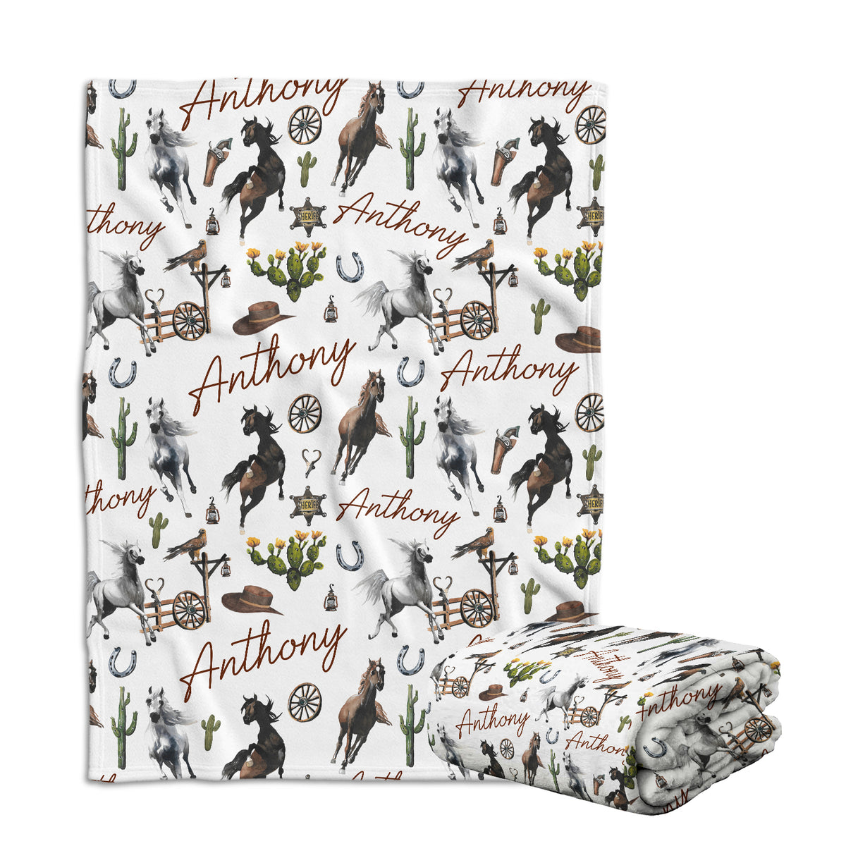 Personalized Cactus & Horse Blankets for Boys Girls, Custom Name Fleece Blanket for Infant Newborn Son Daughter