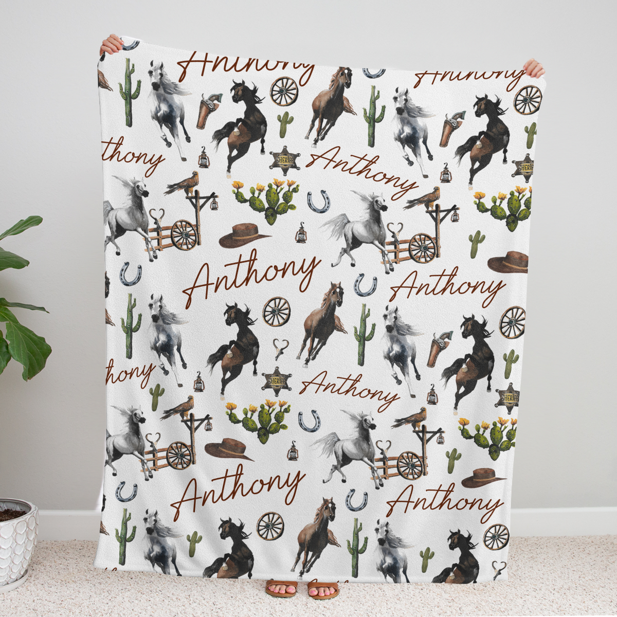 Personalized Cactus & Horse Blankets for Boys Girls, Custom Name Fleece Blanket for Infant Newborn Son Daughter