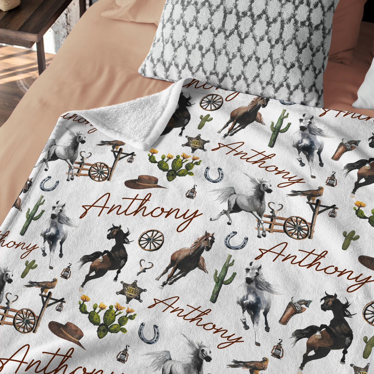 Personalized Cactus & Horse Blankets for Boys Girls, Custom Name Fleece Blanket for Infant Newborn Son Daughter