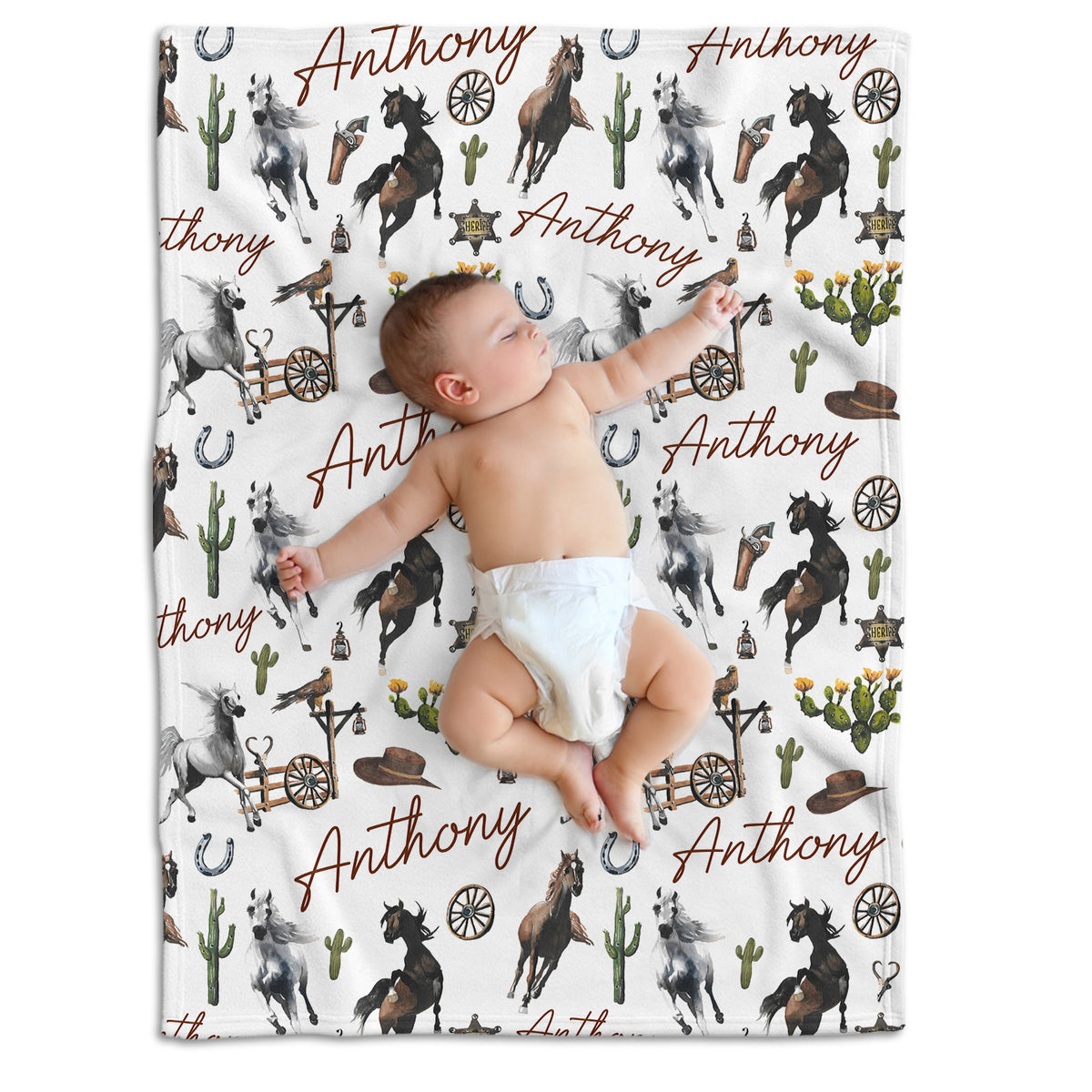 Personalized Cactus & Horse Blankets for Boys Girls, Custom Name Fleece Blanket for Infant Newborn Son Daughter